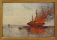 Harrington Fitzgerald, Ship Ablaze, Oil on wood panel marine scene shows a large ship at low tide fully engulfed in bright orange and red flames