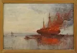 Harrington Fitzgerald, Ship Ablaze, Oil on wood panel marine scene shows a large ship at low tide fully engulfed in bright orange and red flames