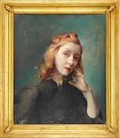 Molly Guion, Portrait of a Woman, Oil on canvas half portrait shows a red haired woman in dark dress against a green background