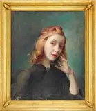 Molly Guion, Portrait of a Woman, Oil on canvas half portrait shows a red haired woman in dark dress against a green background