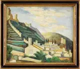 Andrew Lhote, Mountainside Village, Oil on canvas scene shows a grouping of white stucco houses on a mountain top with wall and stairway to summit