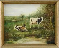 Signed, Cows in a Pasture, Oil on canvas scene shows several cows in a green pasture. Three cows are next to water in the foreground