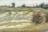 William Merritt Chase, Landscape, Small oil on wood panel landscape scene shows a sandy grass area with a red blossoming bush under a light blue sky