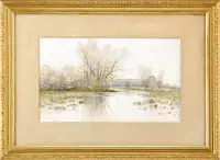 Samuel R. Chaffee, Winter Marsh, Watercolor scene shows a marshy area with trees and grass. Birds fly over a light gray sky
