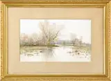 Samuel R. Chaffee, Winter Marsh, Watercolor scene shows a marshy area with trees and grass. Birds fly over a light gray sky