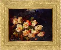 Roses by Signed, Oil on canvas still life scene shows pink and red roses with green leaves against a mottled deep blue background, sold May 2008