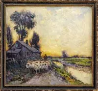 Arthur Diehl, Home from the Field, Oil on board scene shows a shepherd with sheep on a dirt road next to a farmhouse with setting sun in the background