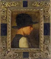 E. Benet, The Black Hat, Oil on canvas mounted on cardboard shoulder length portrait of a young boy shown in side view wearing a large black hat