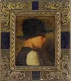 E. Benet, The Black Hat, Oil on canvas mounted on cardboard shoulder length portrait of a young boy shown in side view wearing a large black hat