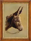 Portrait of a Donkey by Eurilda Loomis France, Fine oil on canvas head portrait of a white and brown donkey. An excellent rendition wearing a bridle, sold May 2008
