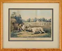 On a Point by Nathaniel Currier, Hand colored lithograph dated 1855 shows two dogs at point in a half cleared hay field with two hunters, sold May 2008