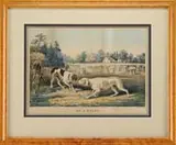 Nathaniel Currier, On a Point, Hand colored lithograph dated 1855 shows two dogs at point in a half cleared hay field with two hunters