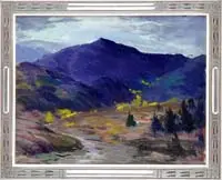Arthur J. Hammond, Quaking Aspen’s in the Rockies, Oil on board scene shows a purple mountain with valley having yellow trees along a river with house