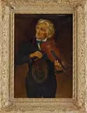 John George Brown, The Street Musician, Oil on canvas portrait of an older man playing the violin with his hat hanging off the front button