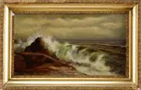 The Wave by Lionel Walden, Oil on canvas scene shows a large wave crashing on to smooth rock ledge. The sea is shown under dark cloud sky, sold May 2008