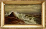 Lionel Walden, The Wave, Oil on canvas scene shows a large wave crashing on to smooth rock ledge. The sea is shown under dark cloud sky