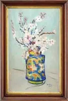 Ettore Caser, Apple Blossoms, Oil on canvas still life scene shows a decorated vase with apple blossom branches against a light blue background