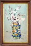 Ettore Caser, Apple Blossoms, Oil on canvas still life scene shows a decorated vase with apple blossom branches against a light blue background