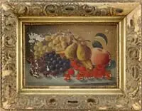 Harry J. Kellogg, Fruit Still Life, Oil on board tabletop scene shows grapes, pears, strawberries, banana and apple on a white tabletop