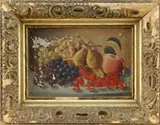 Harry J. Kellogg, Fruit Still Life, Oil on board tabletop scene shows grapes, pears, strawberries, banana and apple on a white tabletop