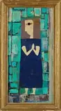 Aaron Douglas, Abstract Figure, Oil on canvas scene shows an abstract figure in blue dress against a green brick background