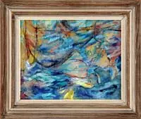 Rubi Roth, Netting the Fish, Collage in paper, net and oil on masonite seen shows a black net over fish in water