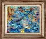 Rubi Roth, Netting the Fish, Collage in paper, net and oil on masonite seen shows a black net over fish in water