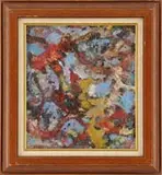 William H. Littlefield, A Yellow Incidence, Oil on masonite abstract scene in colors of blue, red and yellow