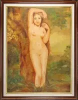 Ruth R. Munson, Eve in the Garden, Large oil on canvas scene shows a nude woman standing in front of a large tree in landscape scene