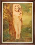 Ruth R. Munson, Eve in the Garden, Large oil on canvas scene shows a nude woman standing in front of a large tree in landscape scene
