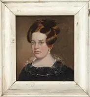 Unsigned, Portrait of a Woman, Oil on wood panel shows a shoulder length portrait of a woman with brown hair wearing a lace collared black dress