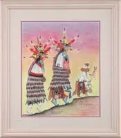 Marty Naha, The Comming of the Hoppi Shalako, Mixed media , crayon and pen scene shows three Kachina like figures walking up a slight incline. Very colorful