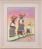 Marty Naha, The Comming of the Hoppi Shalako, Mixed media , crayon and pen scene shows three Kachina like figures walking up a slight incline. Very colorful