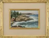 Bernard Corey, Maine Coast, Fine oil on board scene shows the rocky Maine coast with ocean and several points of land