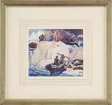 Monhegan Island by George Pearse Ennis, Good watercolor scene shows two men landing next to large rocky coastline with several houses on the bluff, sold May 2007