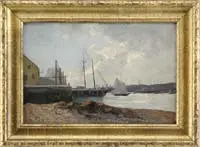 William Edward Norton, North East Harbor, Oil on board scene shows a northeastern harbor with docks and sailboats under a cloud and blue sky