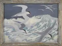 James Floyd Clymer, Terns, Large oil on canvas scene shows several black and white terns flying over cresting wave
