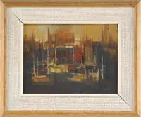 Lewis Scott Croft, Abstract Harbor, Oil on masonite scene shows a number of moored sailboats under a brown and orange horizon