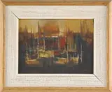 Lewis Scott Croft, Abstract Harbor, Oil on masonite scene shows a number of moored sailboats under a brown and orange horizon
