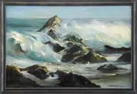 J. Fulton, Crashing Waves, Oil on canvas scene shows waves crashing onto rocky shoreline with tidal pools. Light reflects in wave tops