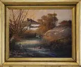 John Charles Terelak, Eastern Cottage, Oil on masonite scene shows a flock of mallards on and flying above water surrounded by trees and a large white building