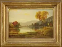 Daniel Charles Grose, Fall in the Northeast, Fine oil on canvas autumn scene shows a lake surrounded by colorful trees with mountains in the background