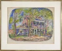 David Burliuk, House in Hampton Bays, Watercolor scene shows a Colonial home with connected L having several large trees and red out building