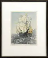 The Golden Galleon by John Taylor Arms, Etching in aquatint scene shows a colorful galleon sailing away from viewer followed by porpoises, sold May 2007