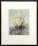 John Taylor Arms, The Golden Galleon, Etching in aquatint scene shows a colorful galleon sailing away from viewer followed by porpoises