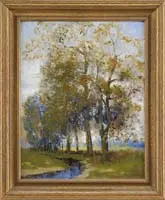 Ernest T. Fredericks, Stand of Trees, Oil on canvas landscape scene shows a line of trees with grass and water