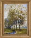 Ernest T. Fredericks, Stand of Trees, Oil on canvas landscape scene shows a line of trees with grass and water