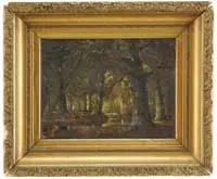 Woodland Stream by Pietre ten Cate, Oil on canvas deep woods scene shows a tranquil wood stream reflecting scattered sunlight with a small bridge, sold May 2007