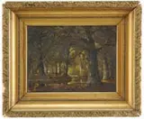 Pietre ten Cate, Woodland Stream, Oil on canvas deep woods scene shows a tranquil wood stream reflecting scattered sunlight with a small bridge