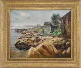 Eugene Speicher, Old Docks, Roundout, New York, Oil on canvas scene shows houses along a rocky shoreline with docks and boats